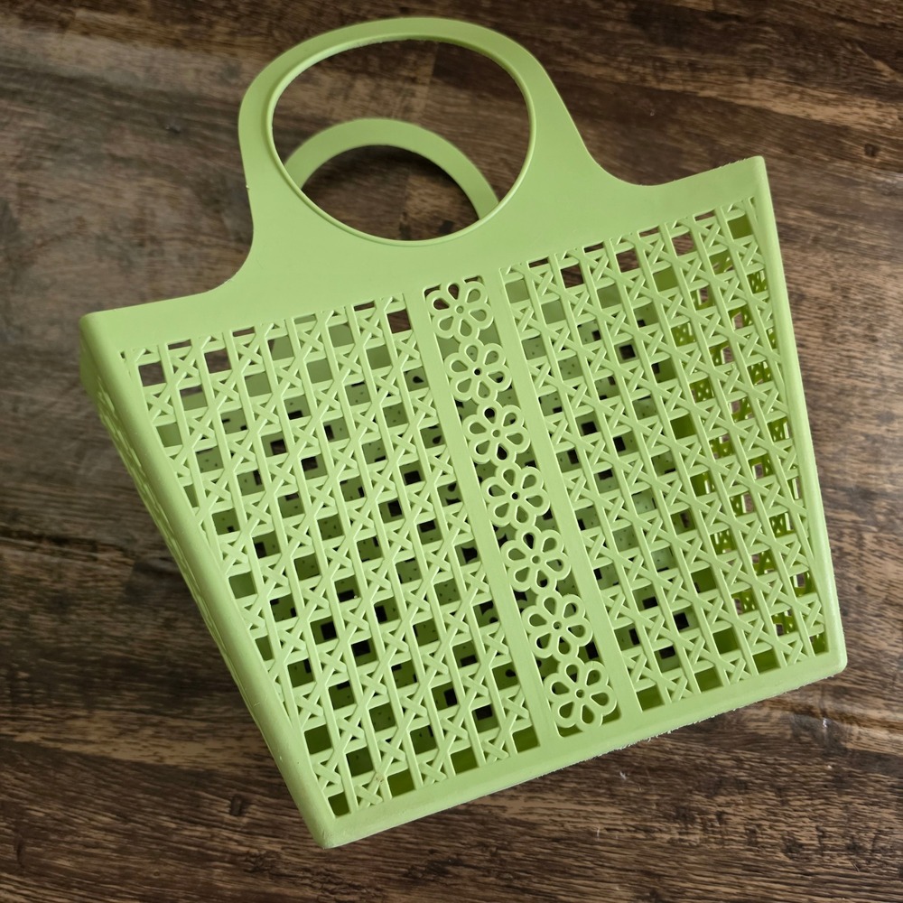 Jelly Tote Bag Womens Small Lime Green Retro Floral Lattice Basket